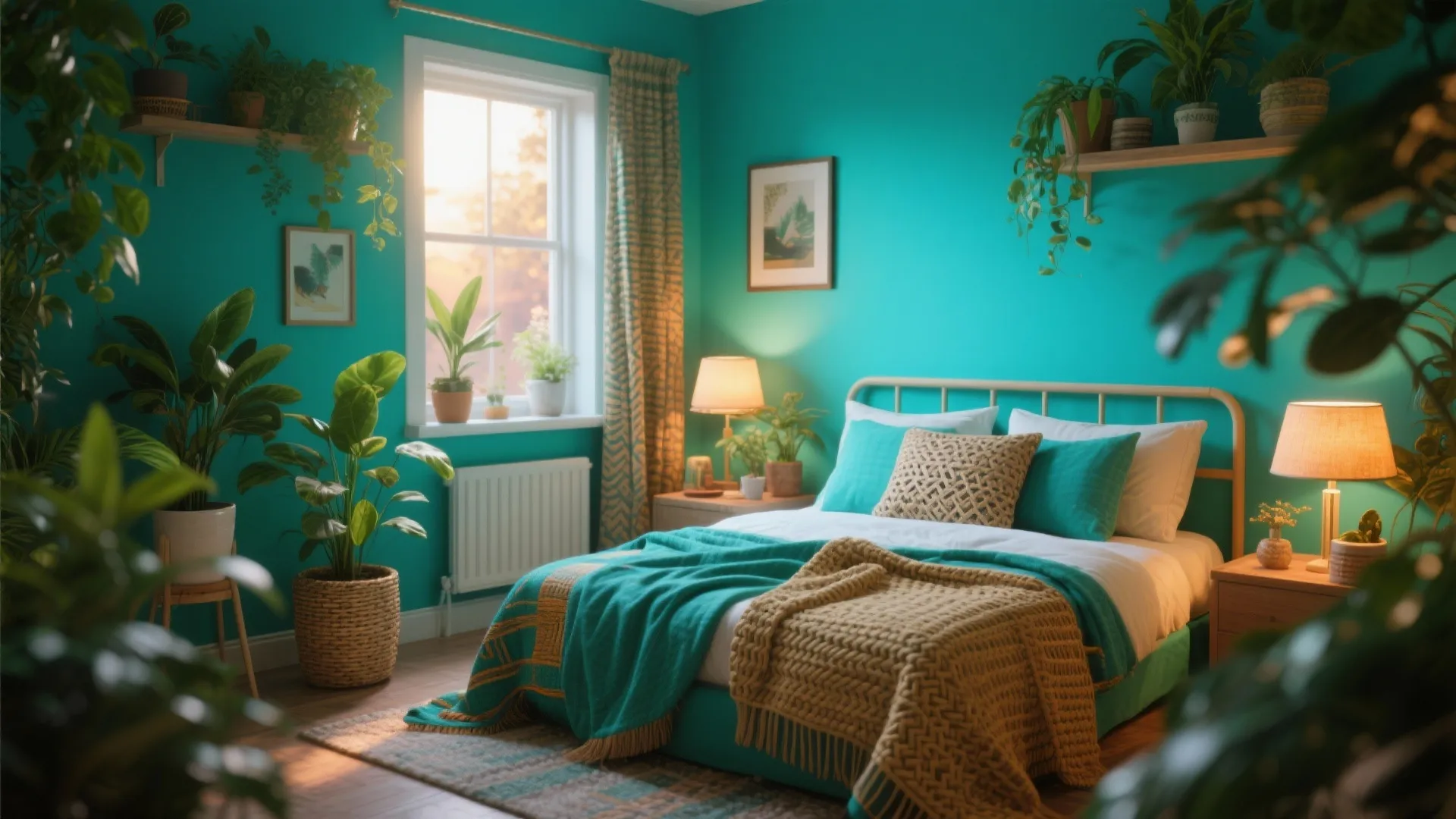 Small guest room with teal-green blue walls, plants and woven textures for an energetic, fresh look.