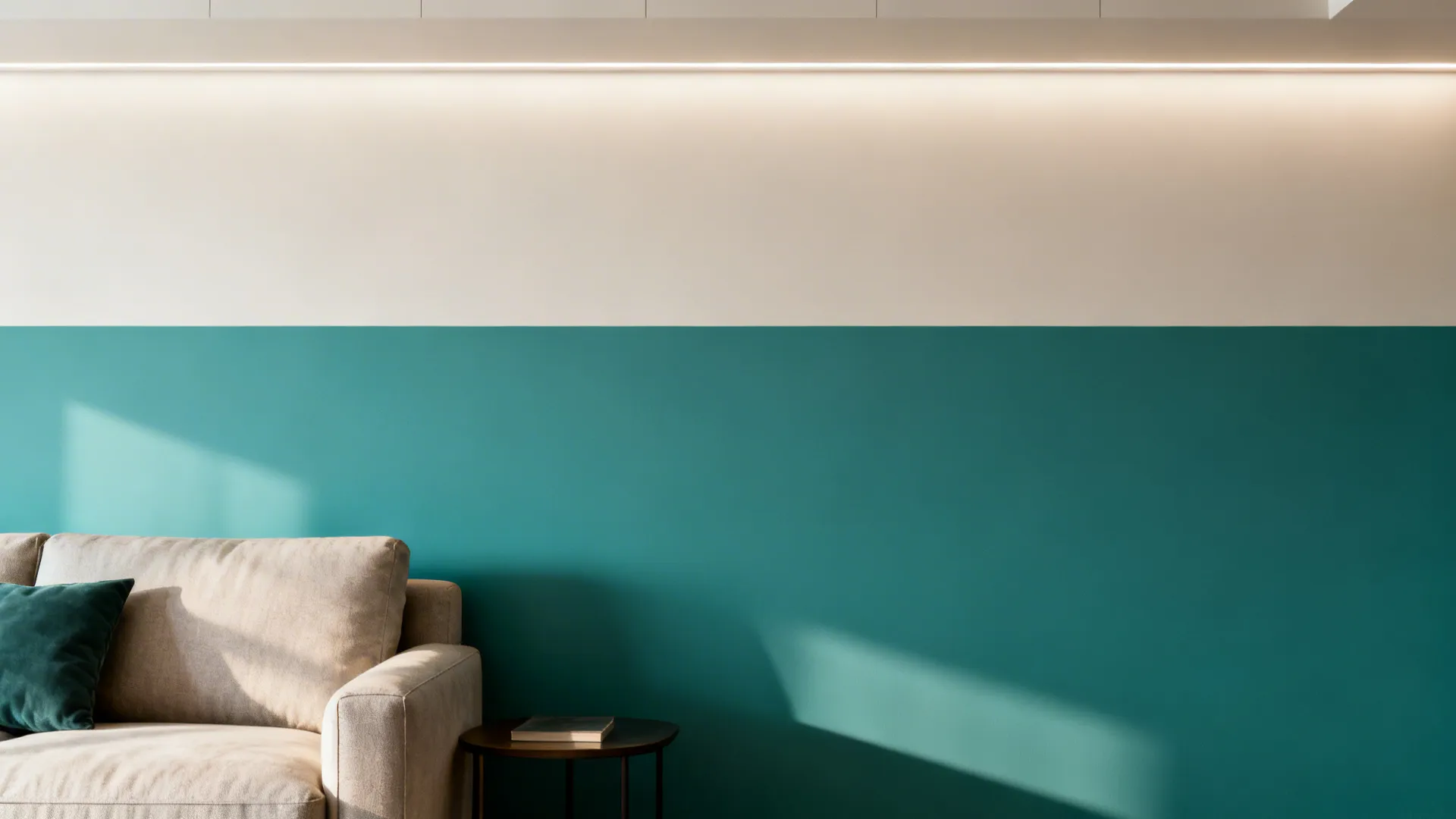 Half-wall painted teal with a light neutral upper wall and a crisp paint line.