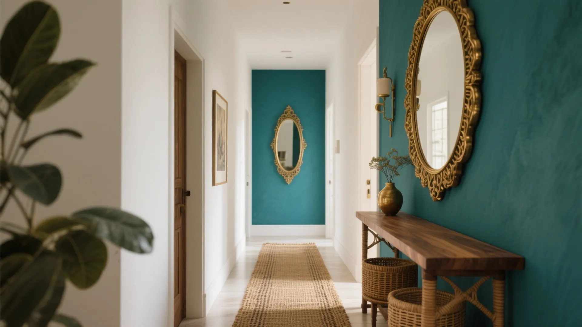 Deep teal accent with warm white base