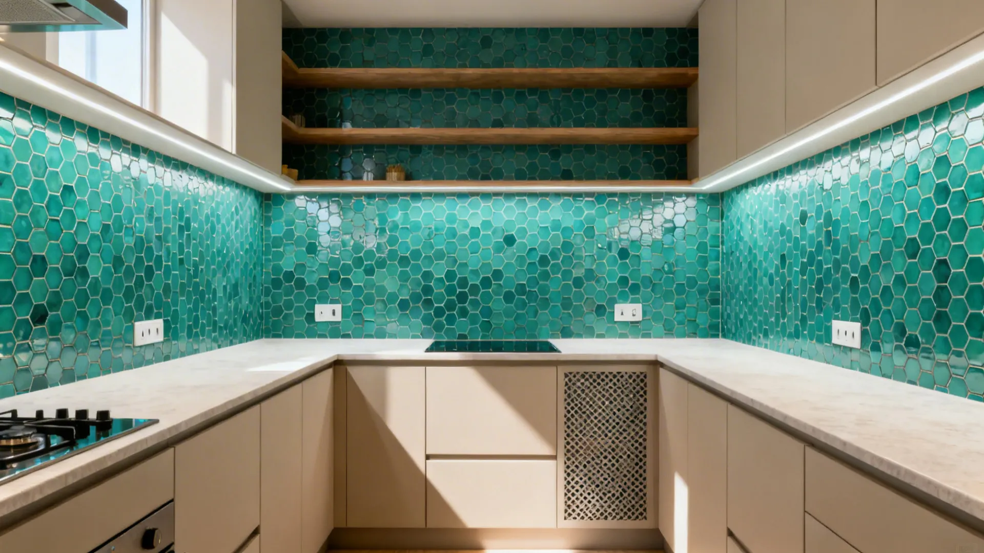 Teal hexagon mosaic backsplash in a small galley kitchen reaching up to a shelf.