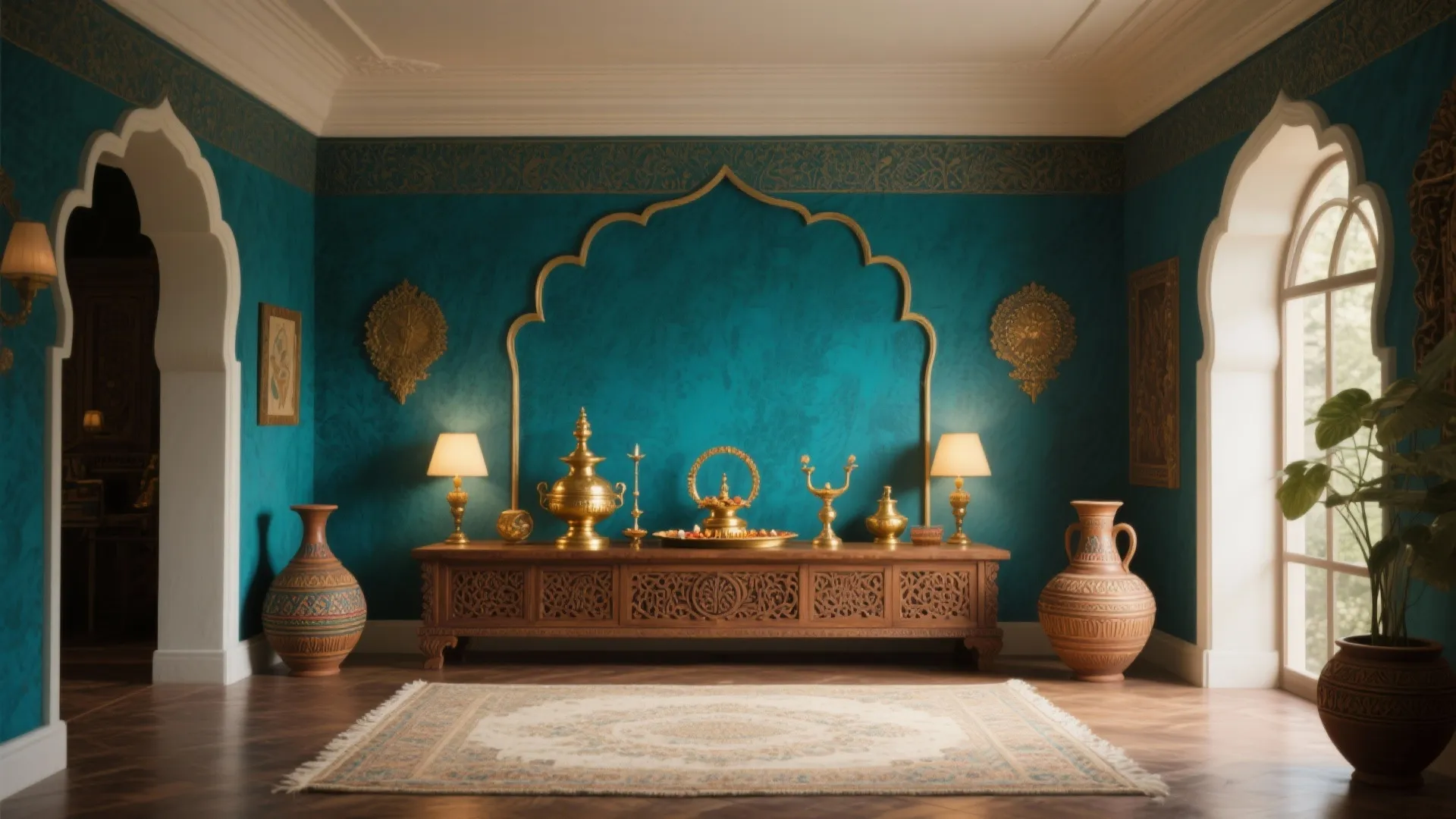 Deep Teal or Indigo with Brass and Wood