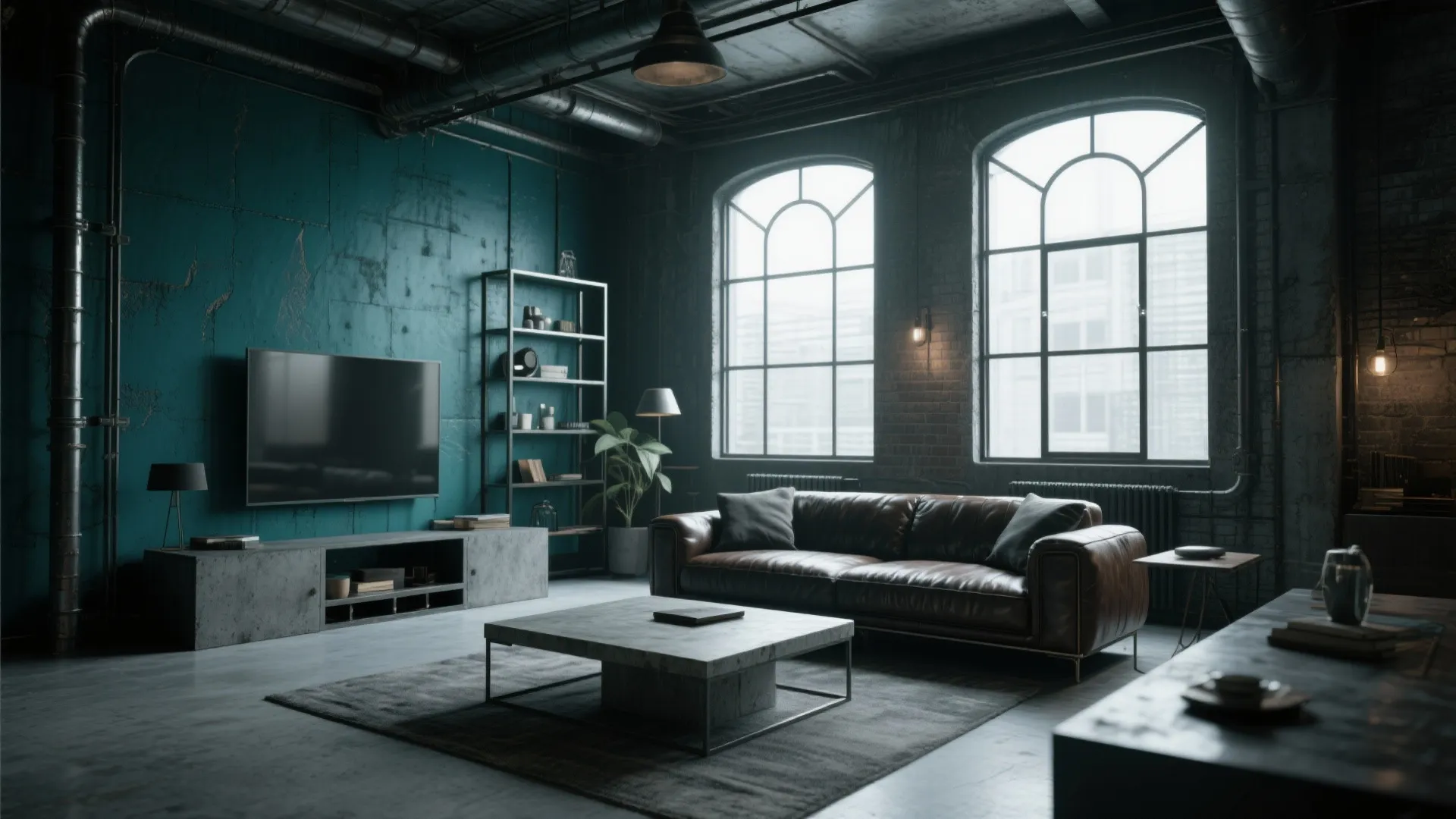 Industrial living room featuring dark teal wall leather sofa concrete table and two large windows
