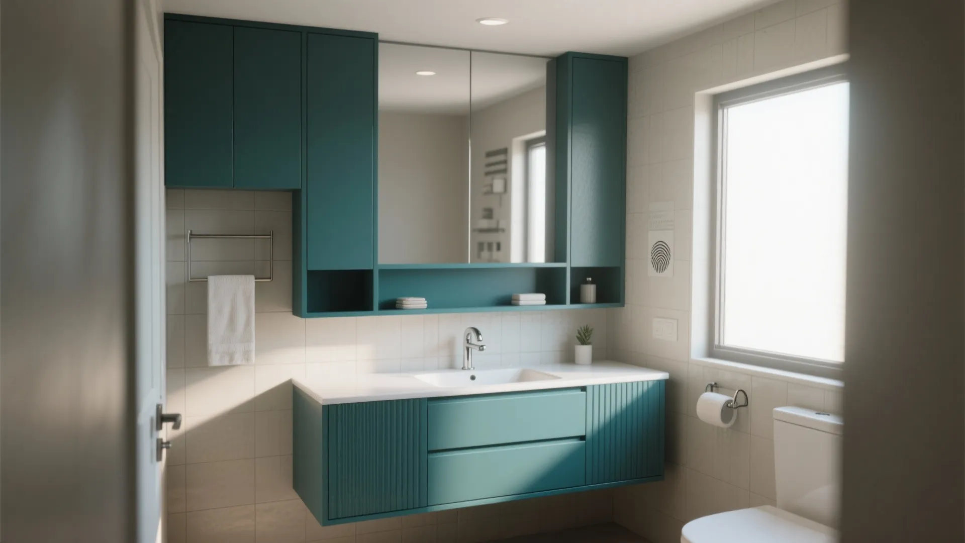 3. Colored integrated vanity for storage and color