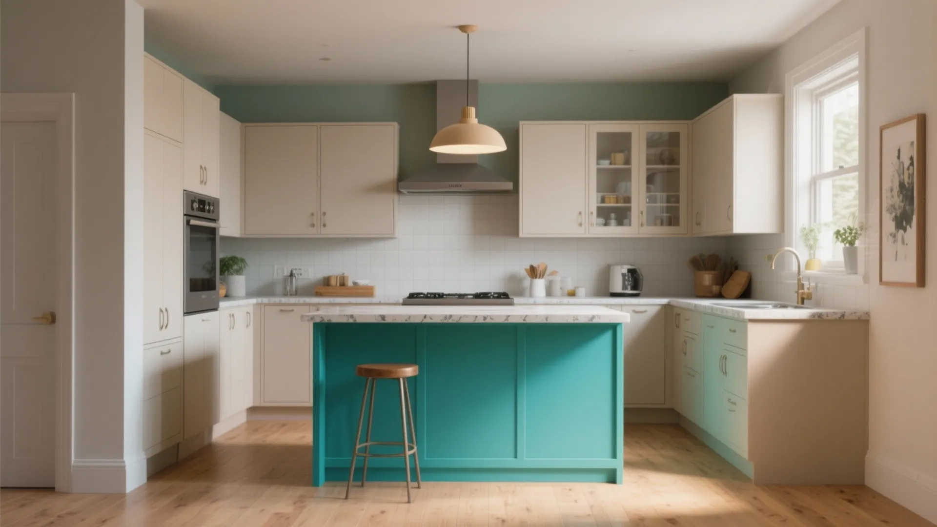 Small kitchen with a vivid teal island providing a focal point and contrast.