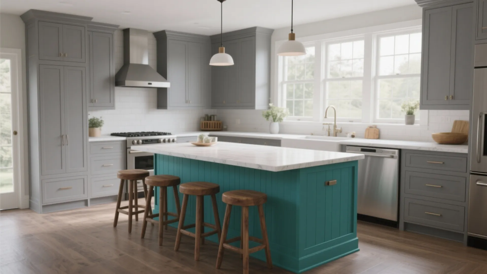 2. Grey Shaker Cabinets with Teal Island Accent