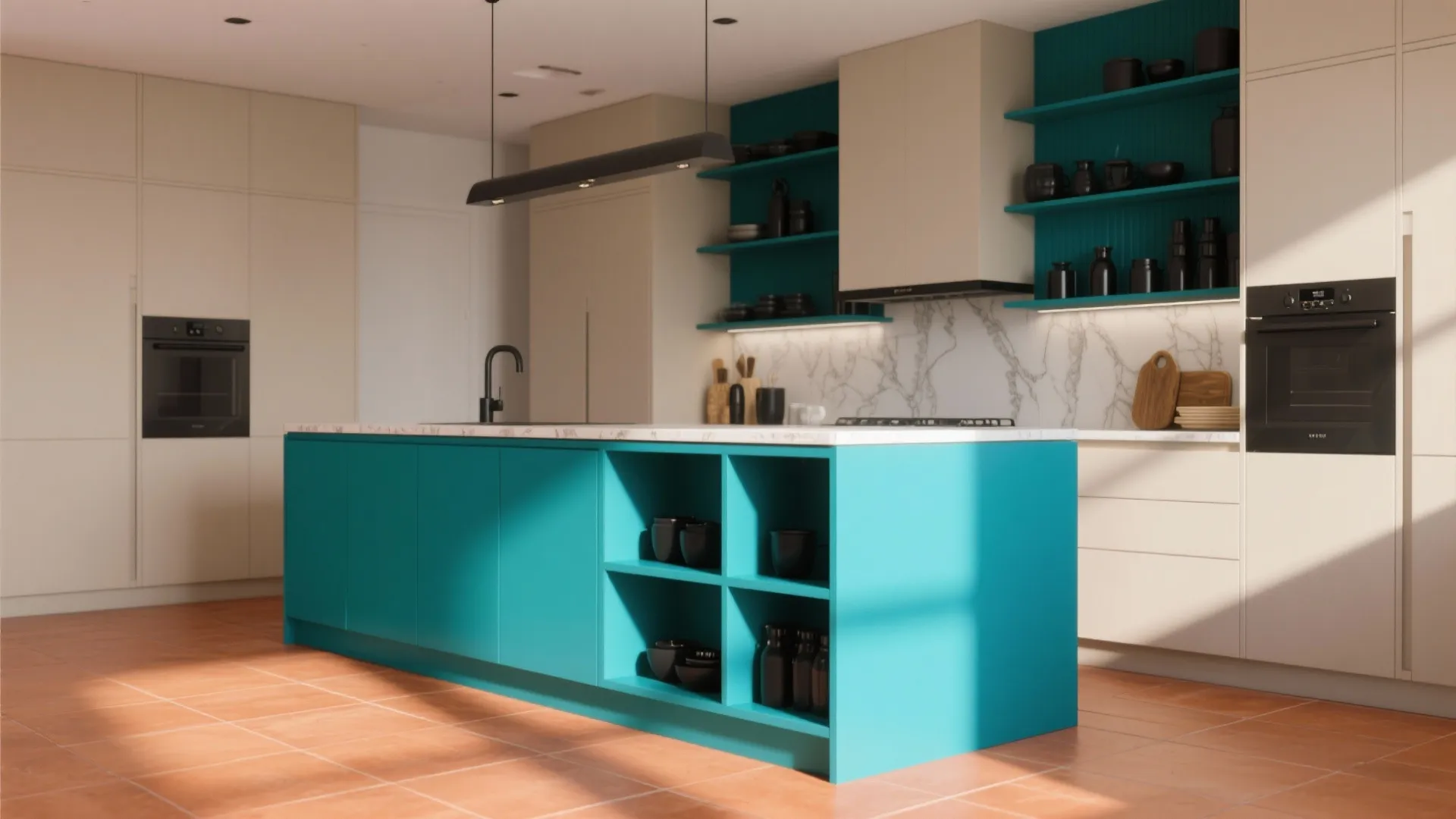 Modern kitchen with bright teal island cabinets marble countertops white wall cabinets and black light fixture