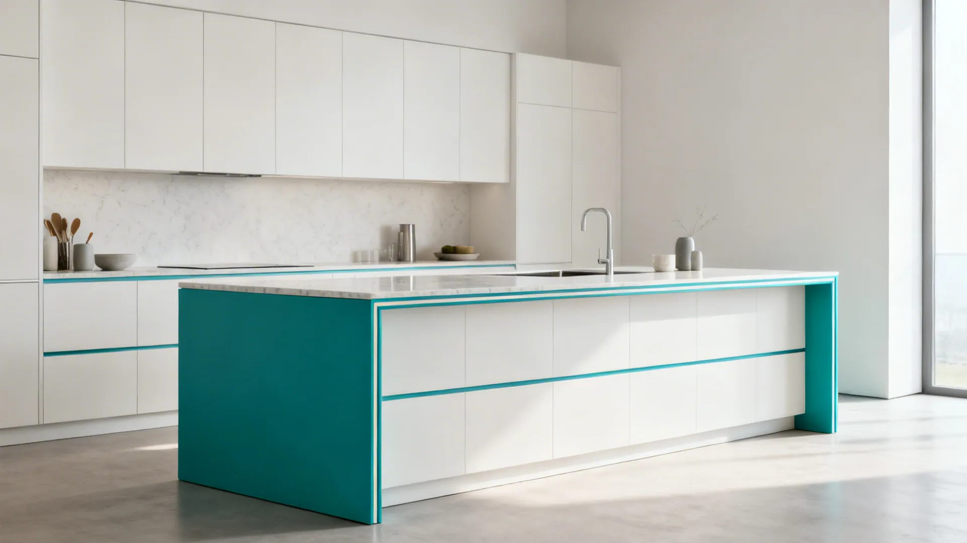 Neutral kitchen with a teal laminate waterfall island as a bold focal point.