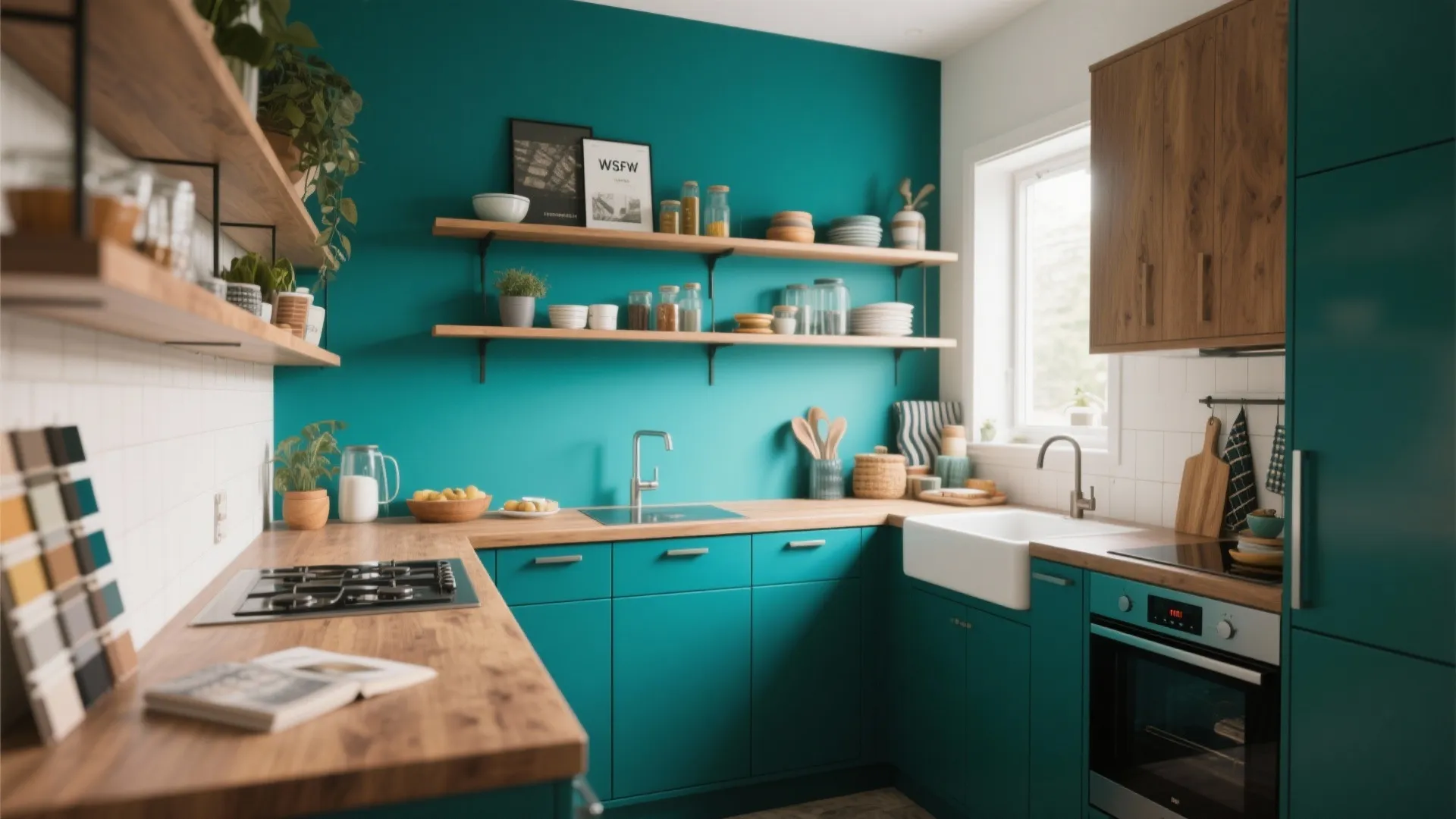 Teal kitchen design with wooden countertops open shelves white sink and black stove with oven