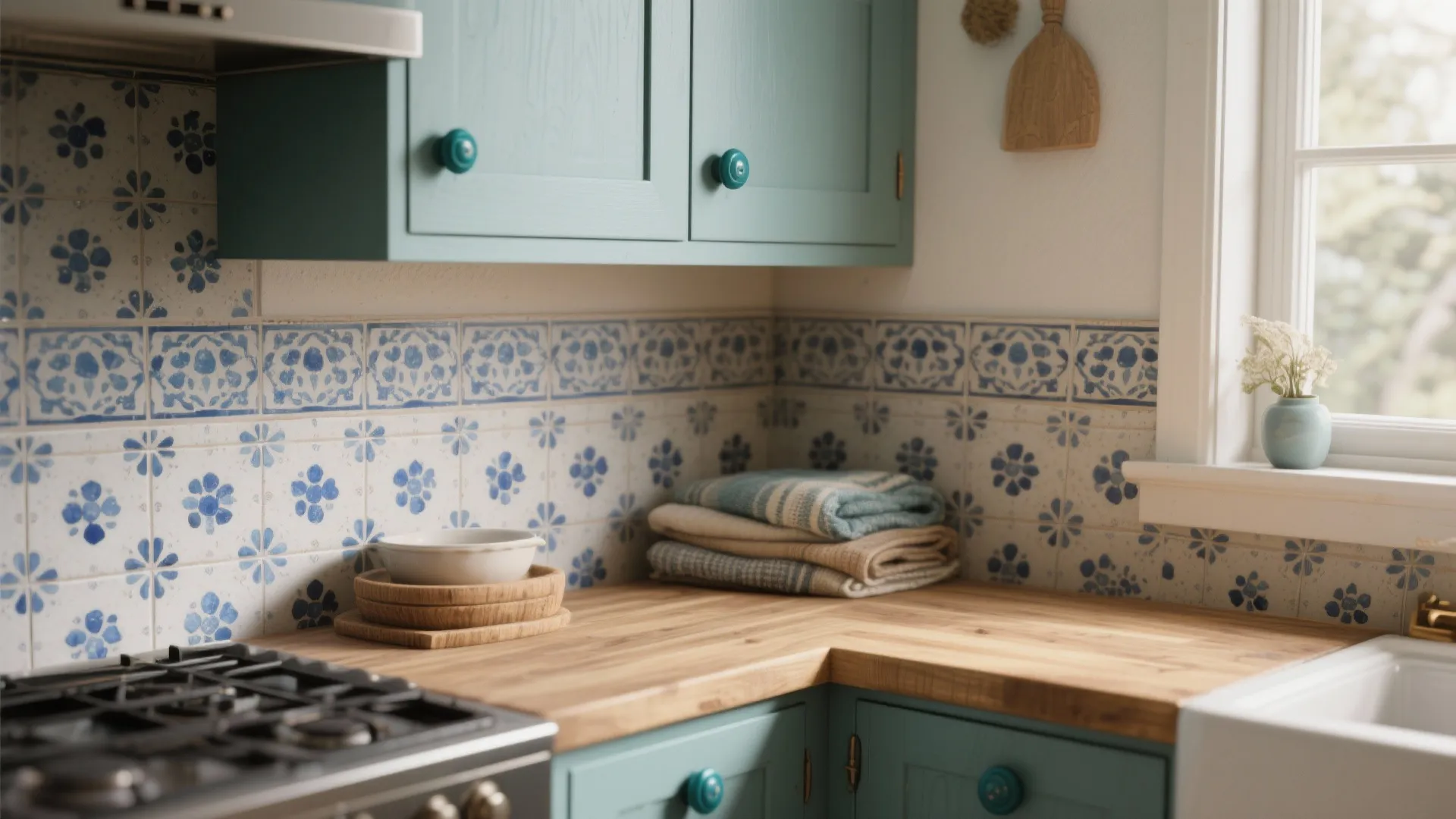 Teal kitchen cabinets with round knobs wood countertop white sink and blue patterned wall tiles