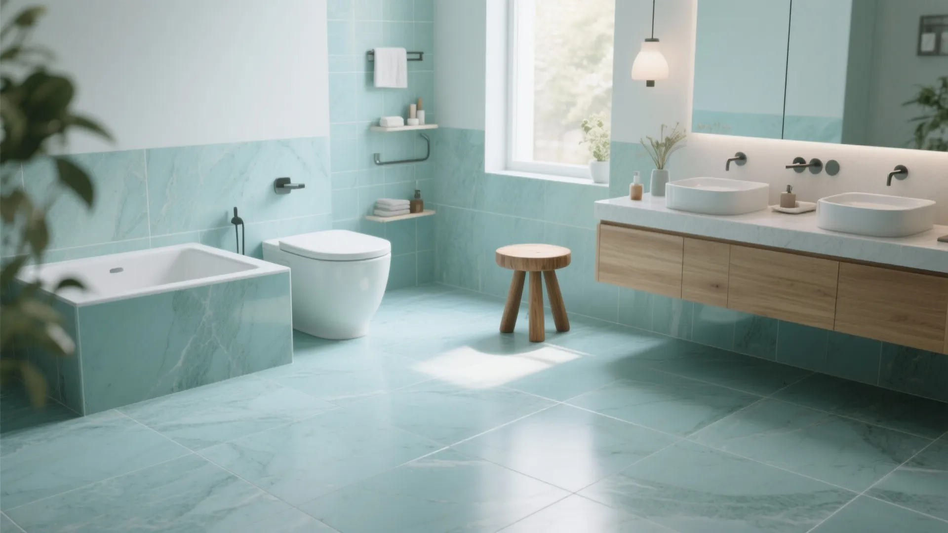 4. Large-Format Teal Slabs to Make Space Feel Bigger