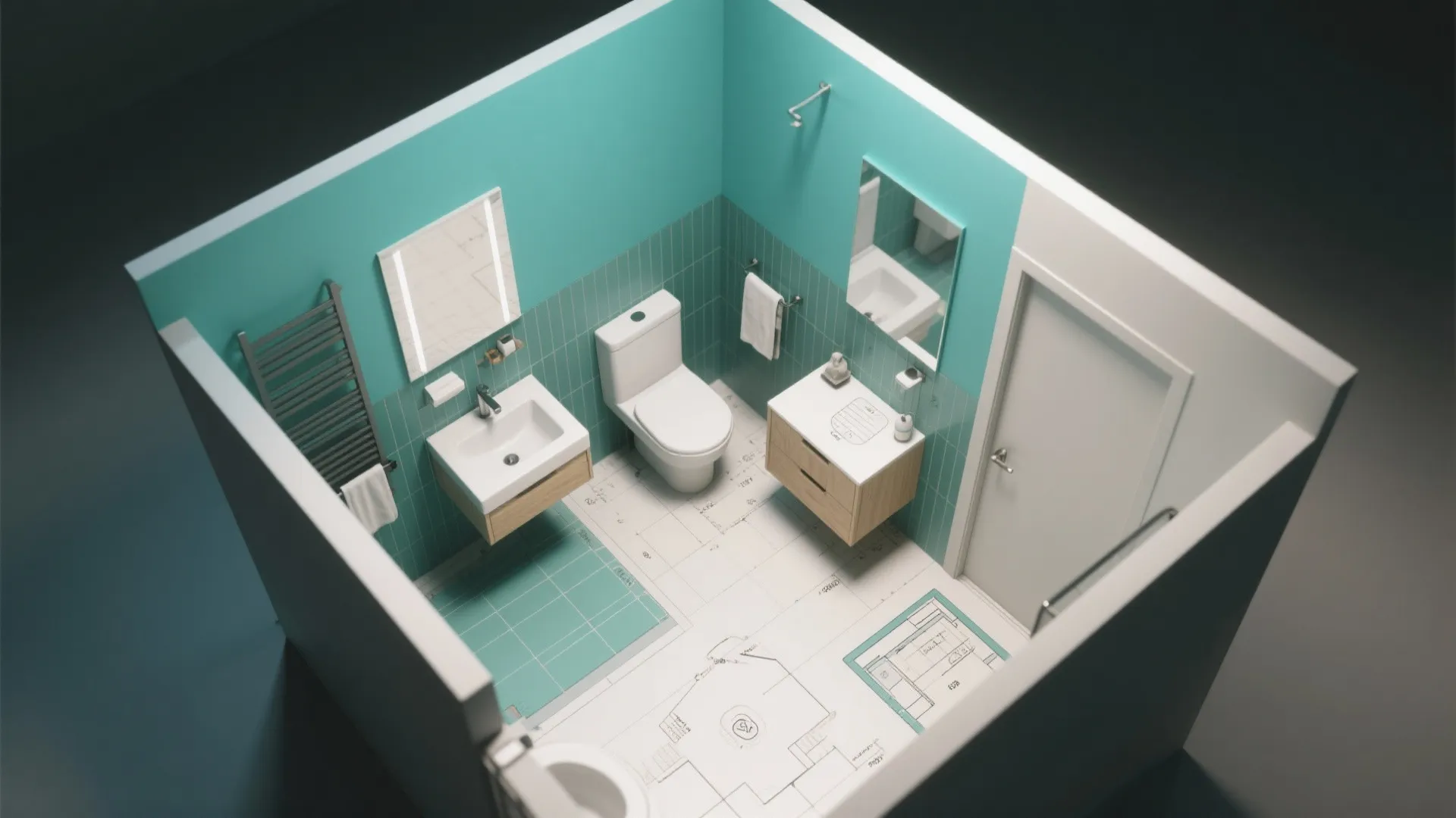 Teal bathroom interior design drawing showing white toilet two sinks and floor plan on tiles