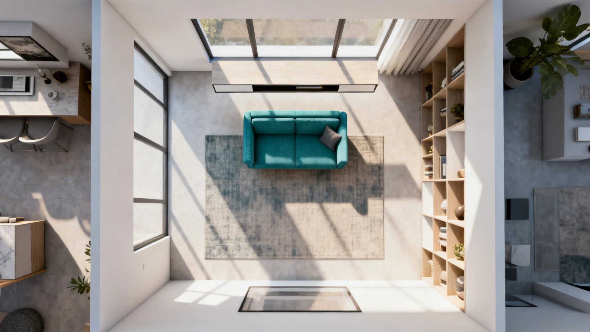 Top-down mockup of small living room with a teal loveseat, slim console and rug defining the seating area