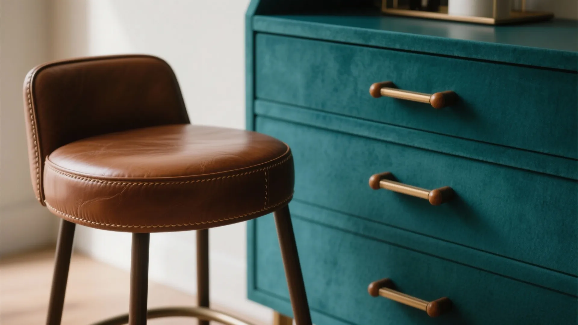 4. Matte Teal Cabinets + Brown Leather Accents