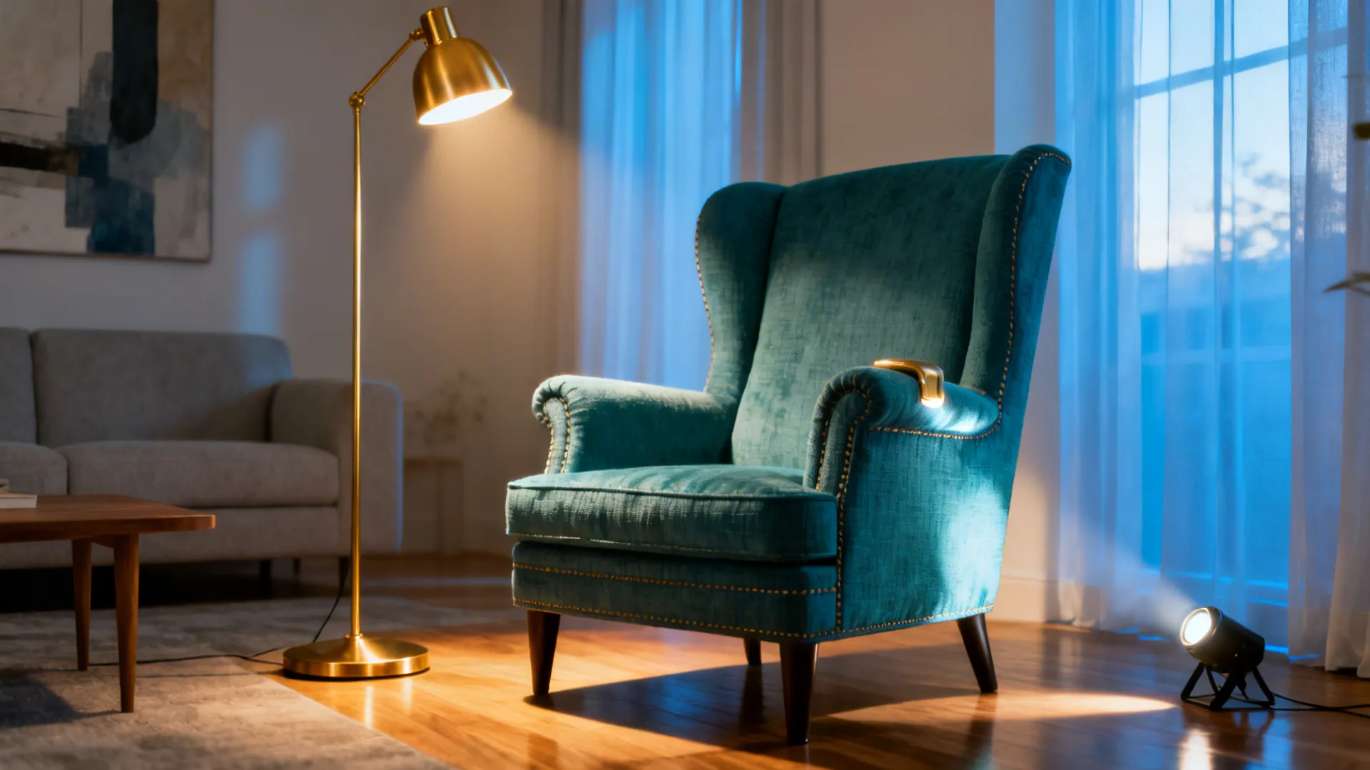 Teal accent chair highlighted by layered lighting: floor lamp and a small spotlight creating a cozy vignette.
