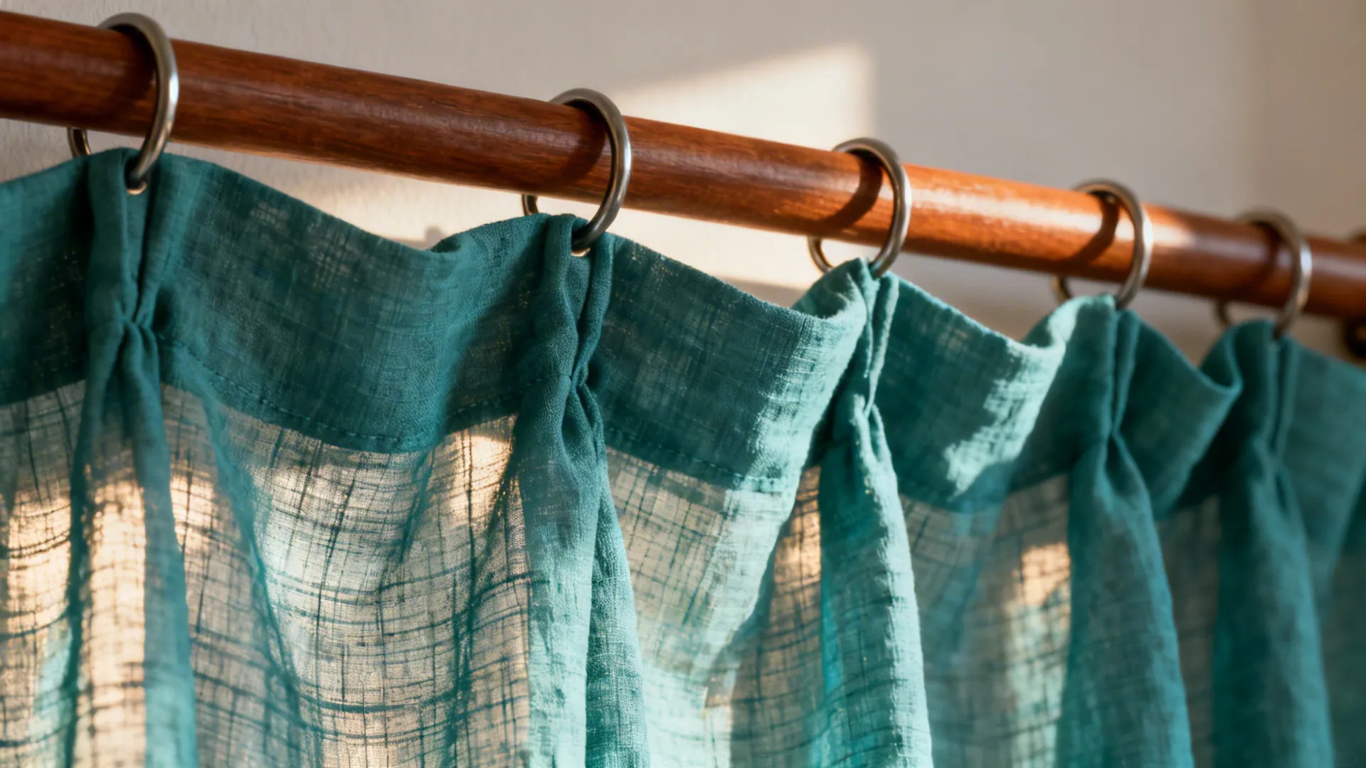 Close-up of teal linen curtain texture hung on warm brown wooden rod with metal rings.