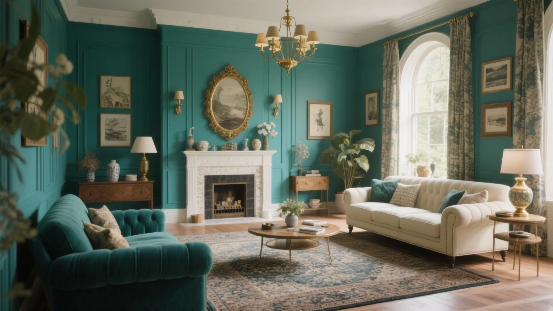 Teal living room with cream sofas and brass accents