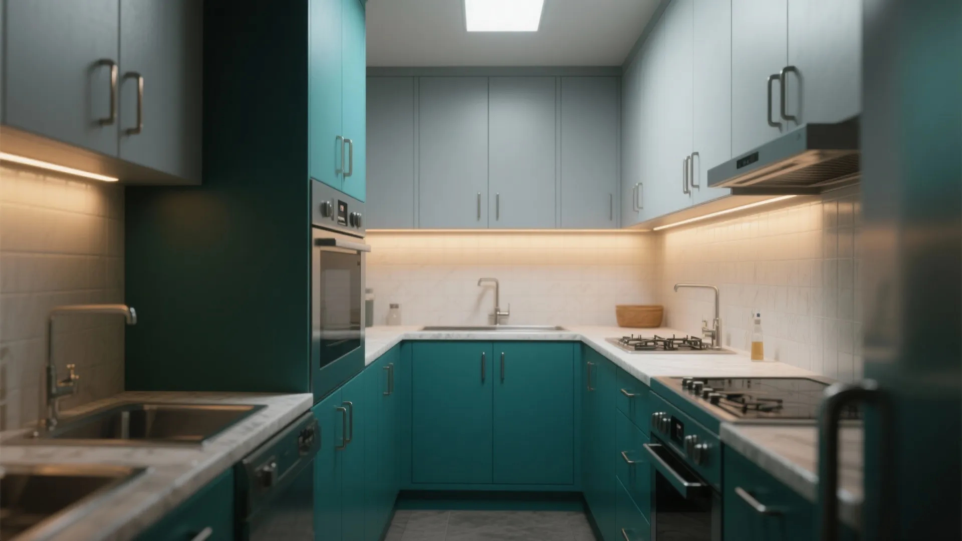 1. Teal Lower Cabinets + Light Grey Upper Cabinets