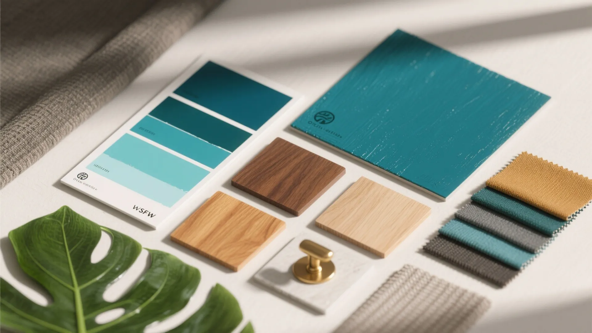 Interior design mood board with teal paint samples wood swatches fabric pieces and gold cabinet handle