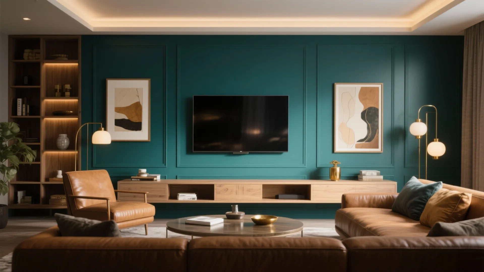 Modern living room featuring dark green wall panels, television, wooden cabinet, leather sofa, and armchair