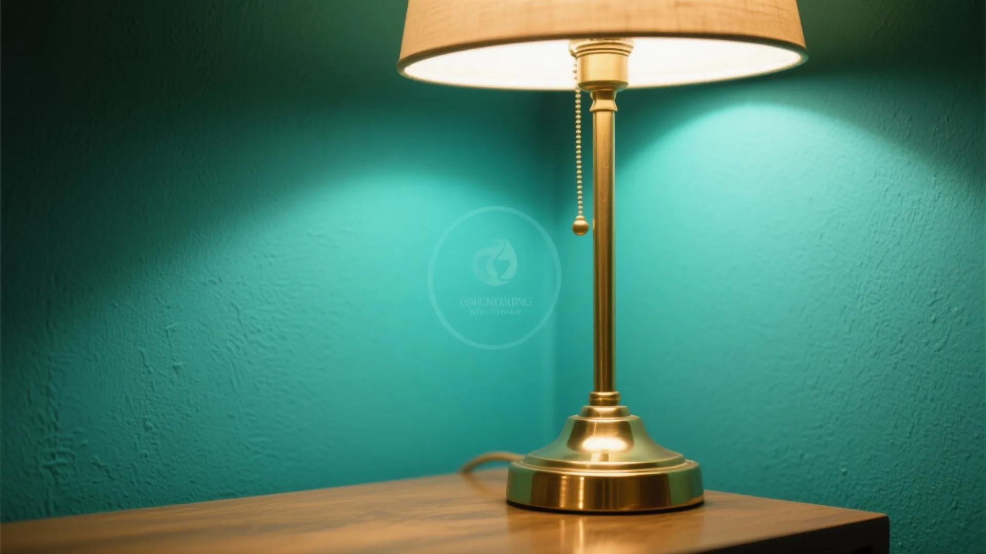Brass table lamp with beige shade glowing on a wooden surface against a teal wall
