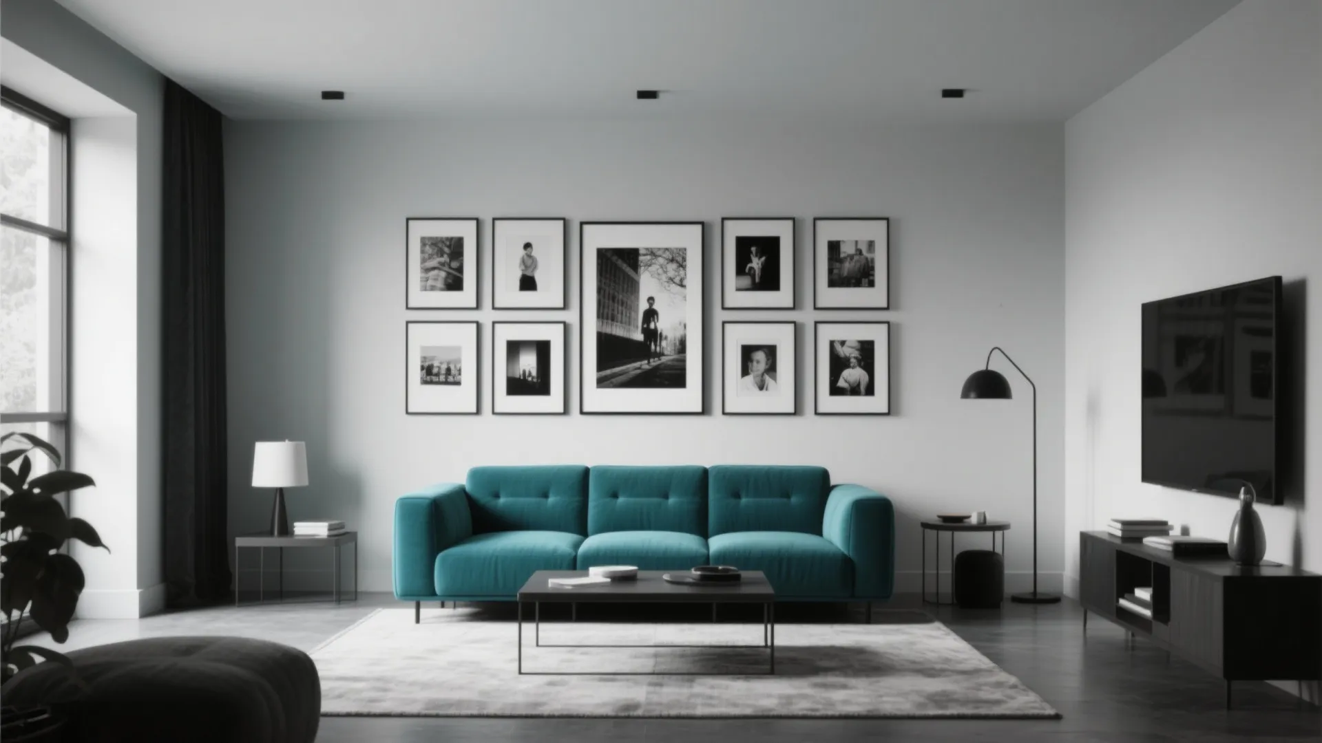 6. Teal Sofa with Monochrome Art