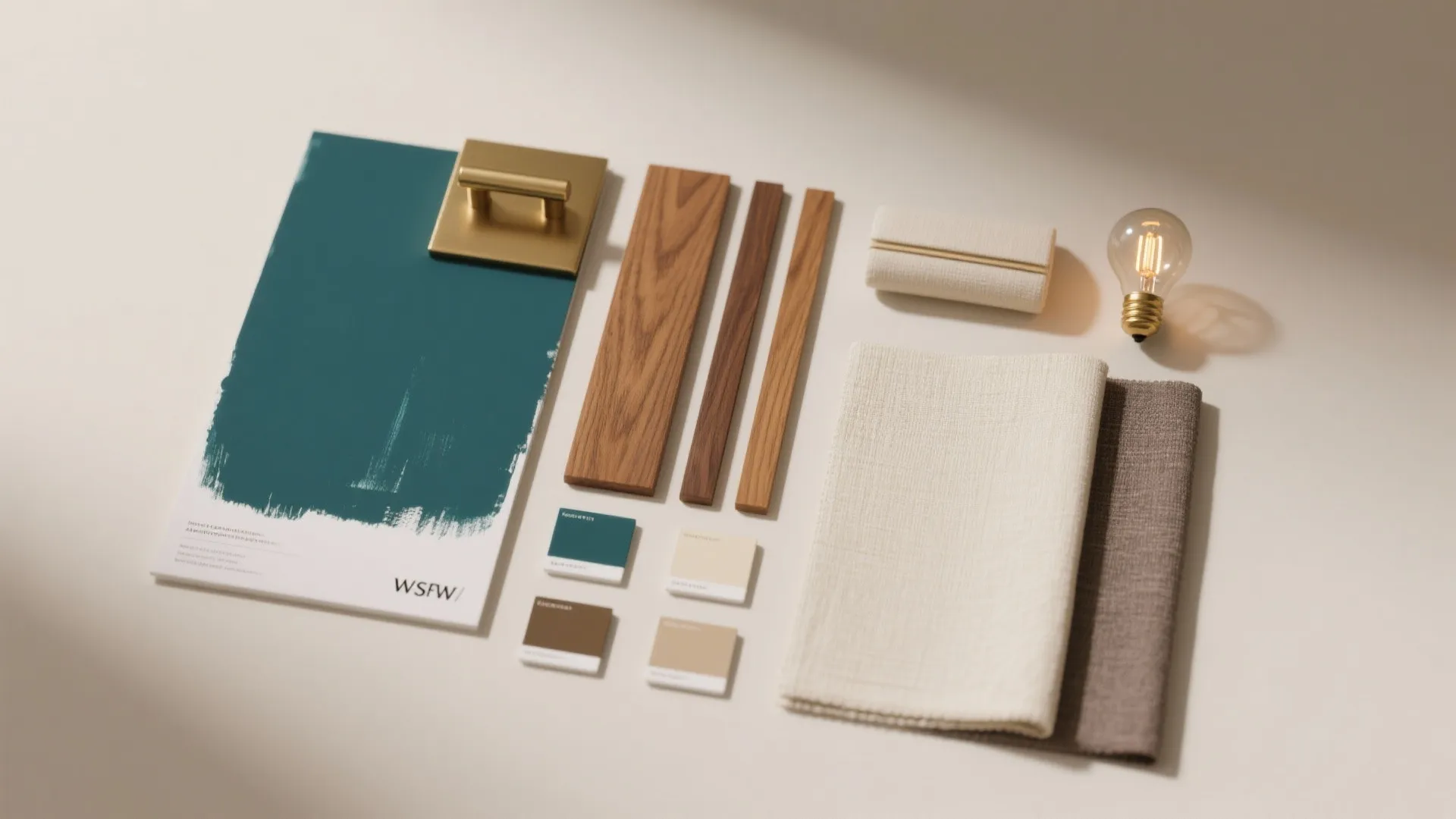 Interior design materials with teal paint wood planks gold handle fabric samples and light bulb