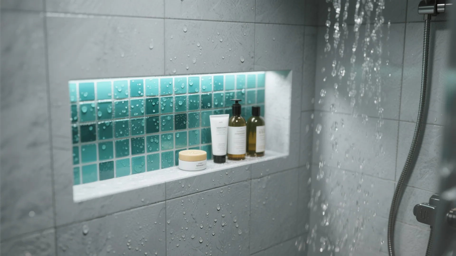 9. Teal Mosaic Niche in Grey Shower Walls