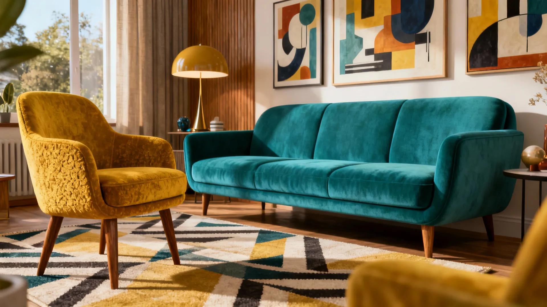 Teal sofa paired with mustard accent chairs and mid-century decor in a small living room.