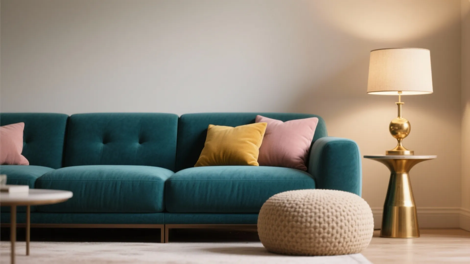 Deep teal sofa accented by mustard and blush cushions with brass lighting