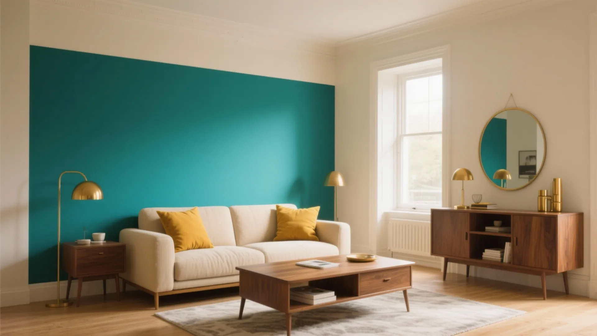 Modern living room with teal accent wall cream sofa yellow pillows wooden coffee table and cabinet