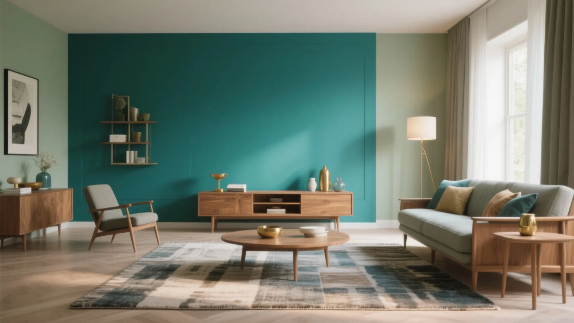 Room with a deep teal accent wall and muted sage surrounding walls, warm wood and brass details