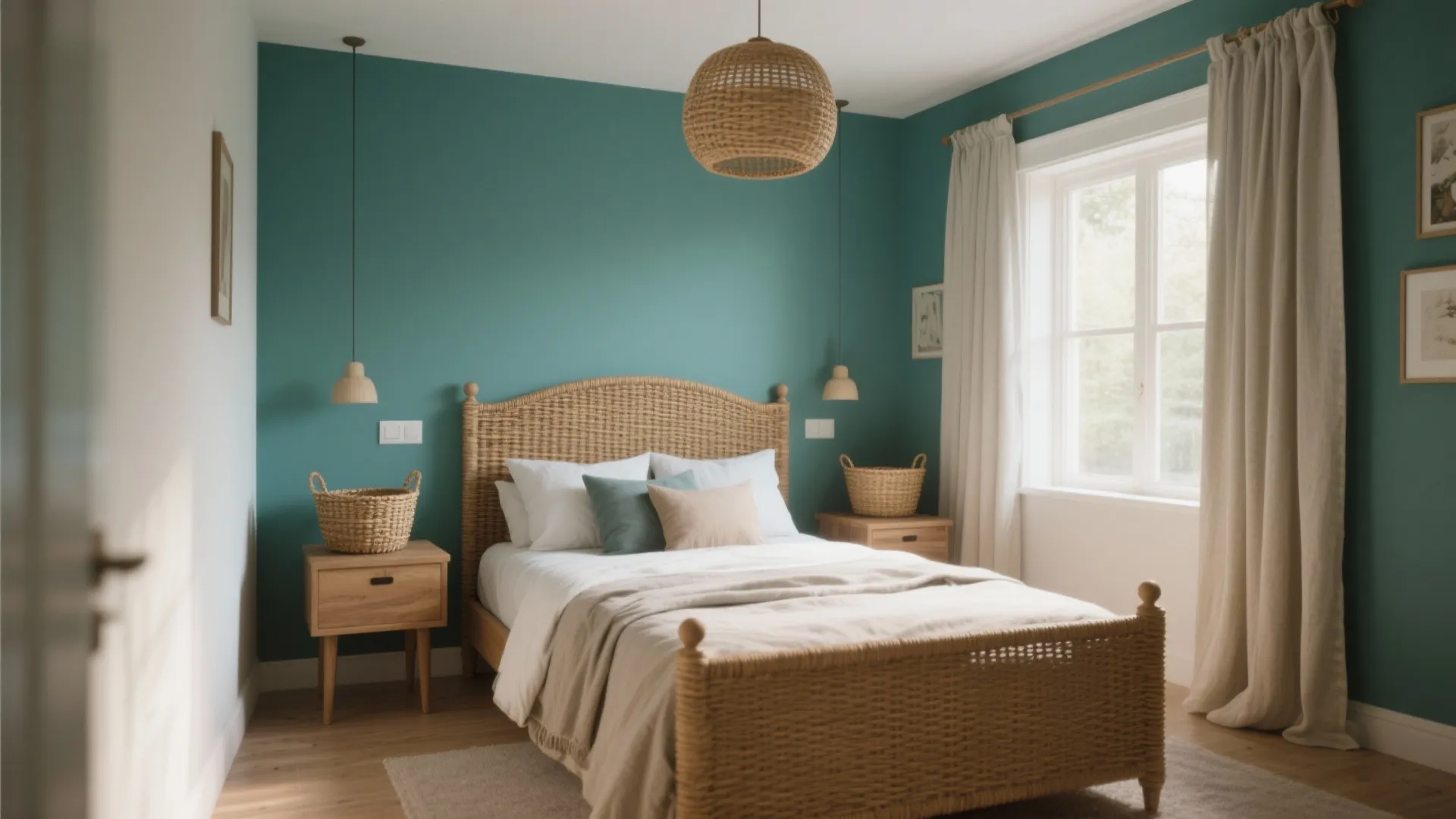 Teal bedroom wall with rattan bed wooden nightstands wicker baskets and woven hanging ceiling light