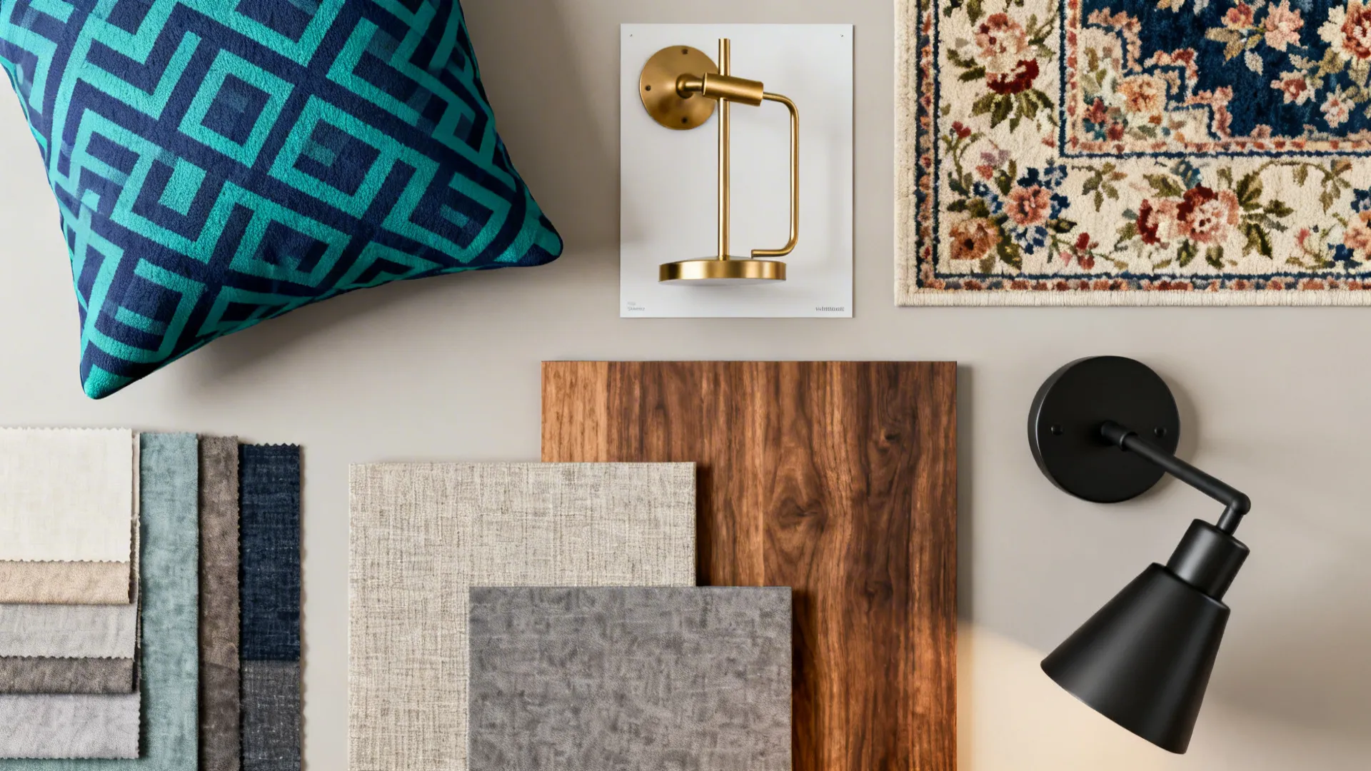 Top-down flatlay of teal and navy patterned cushions, rug swatch and brass lighting sample