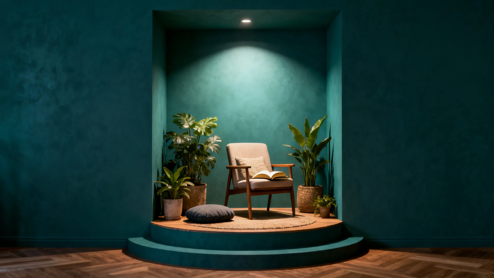Teal-painted alcove styled with a reading chair and plants to create a mini-stage.
