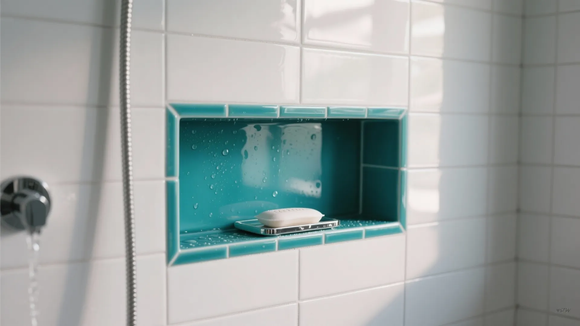 Moody Teal Shower Niche and Accents
