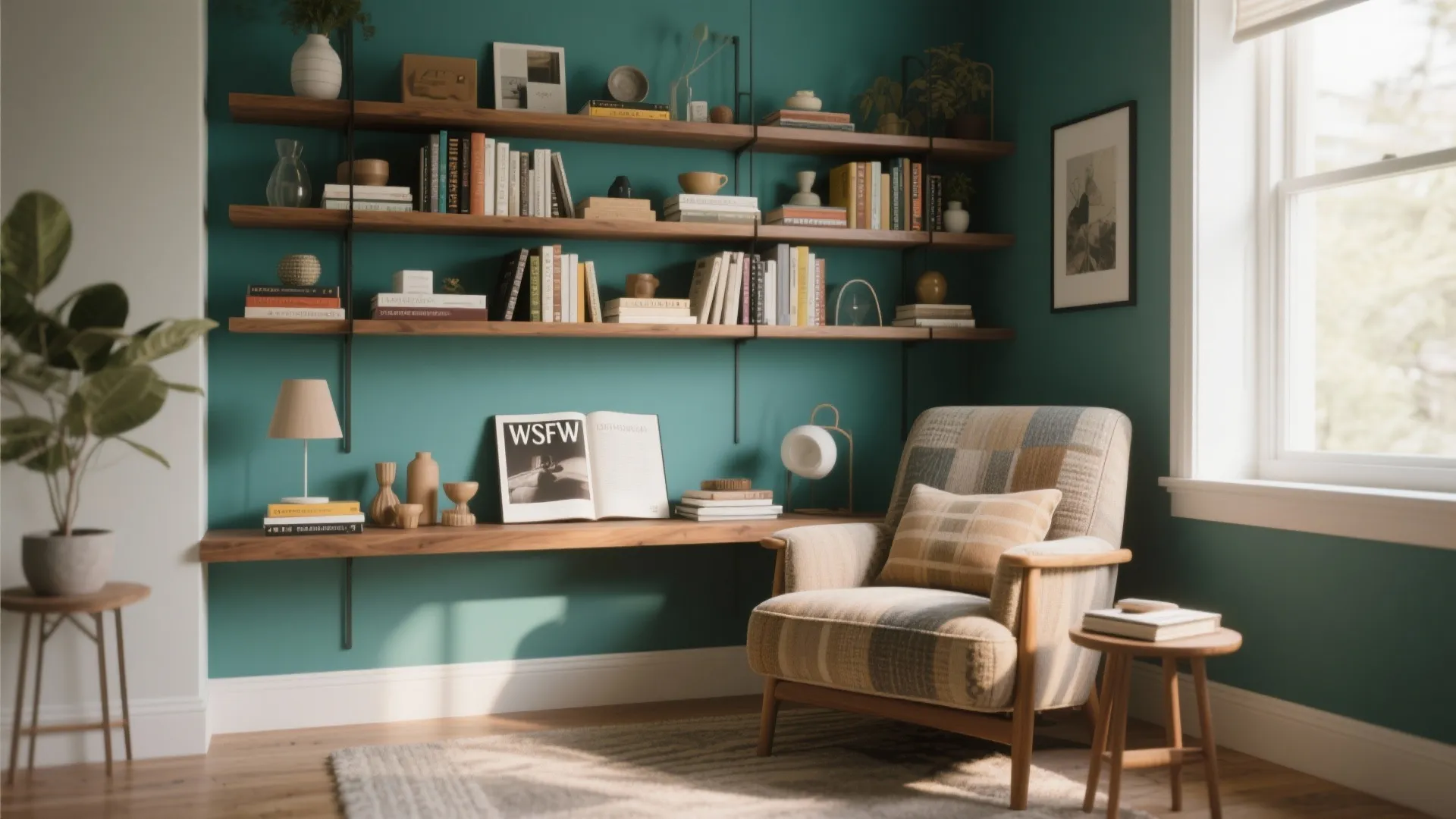 Cozy reading nook with teal walls wooden wall shelves patterned armchair side table and rug