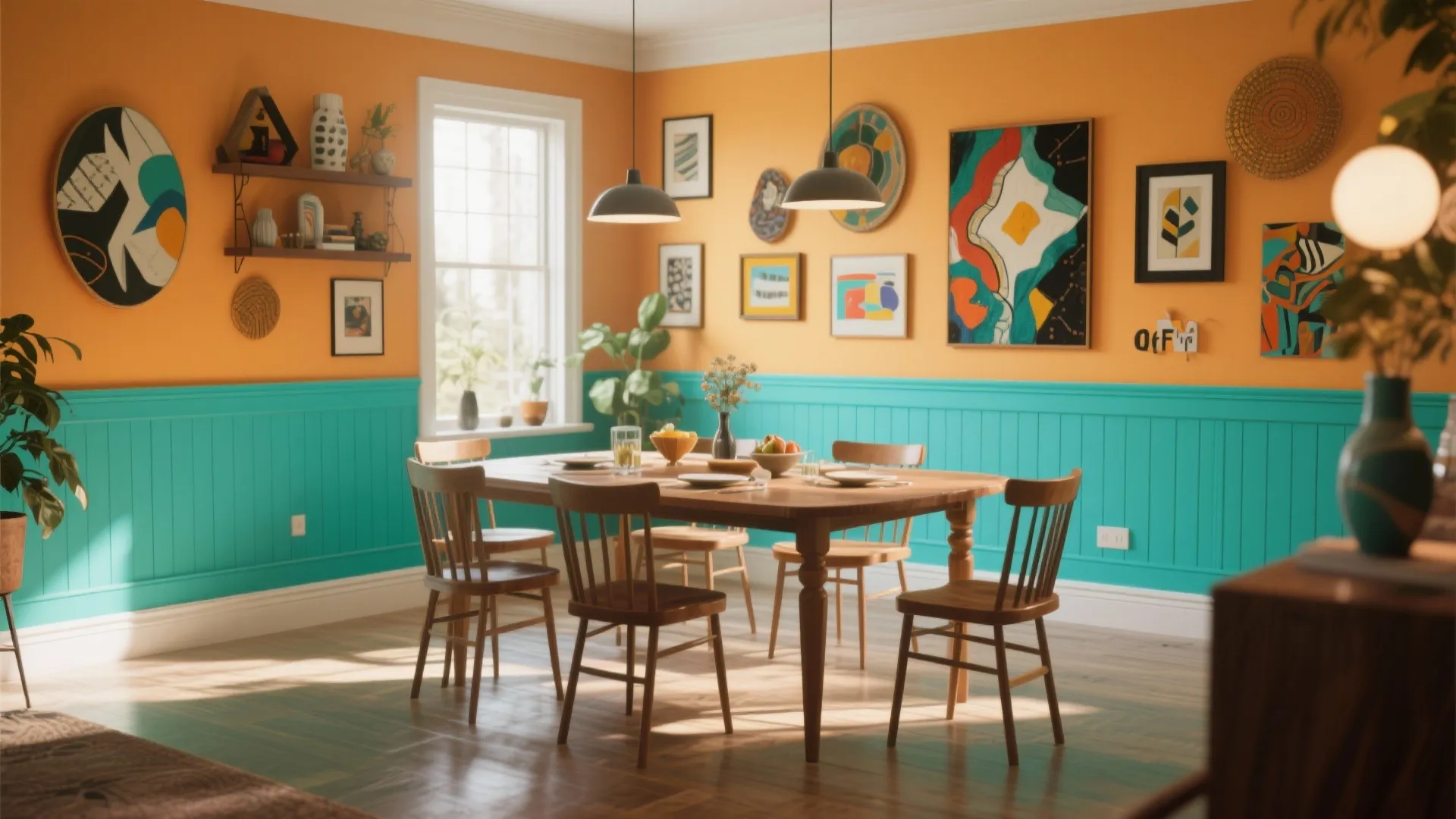 Colorful dining room with orange walls teal wall panel wooden table chairs and ceiling light