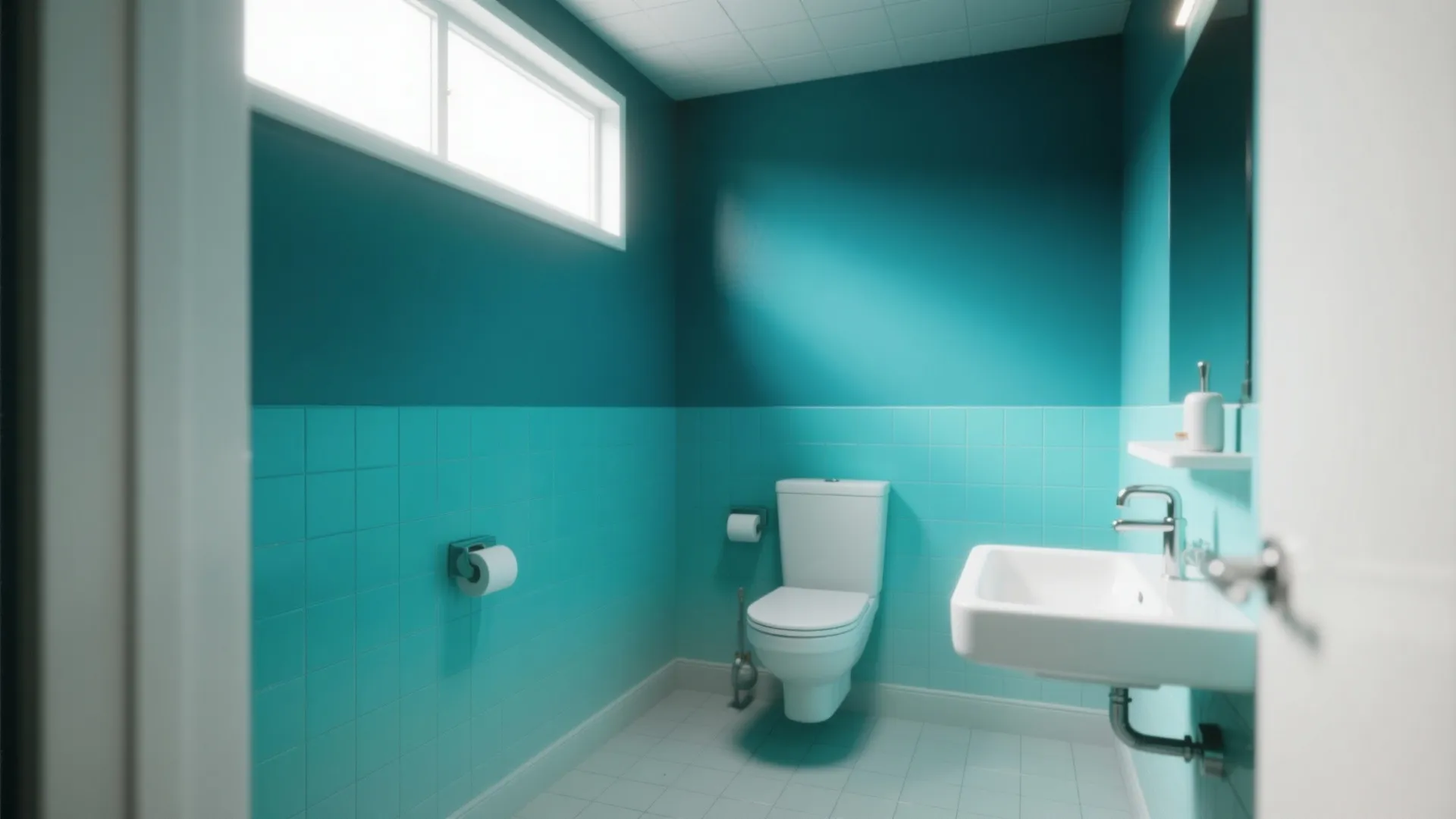 Modern bathroom with teal walls light blue tiles white toilet white sink and a small window