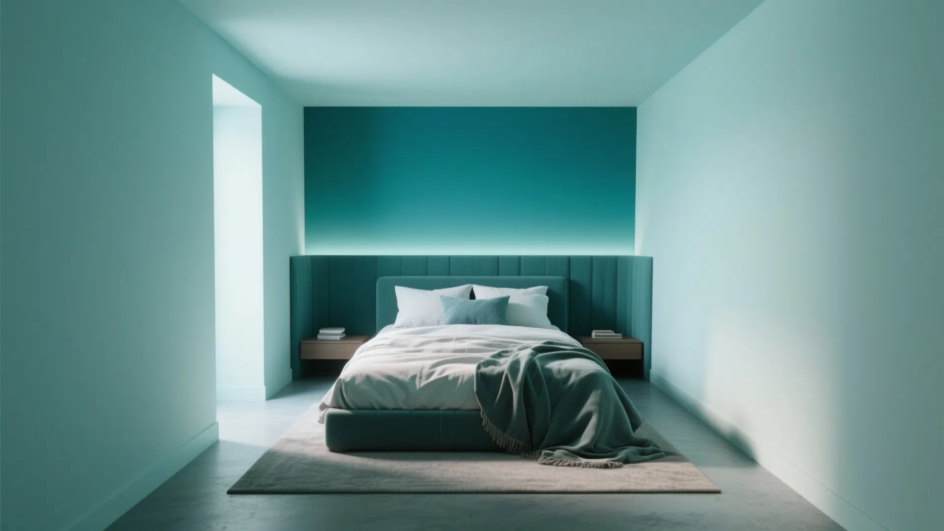 Bedroom with a two-tone teal treatment from ceiling to floor creating visual height and a cozy bed nook.