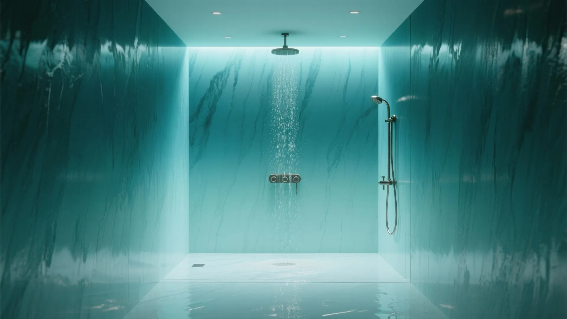 Shower with a floor-to-ceiling teal-to-aqua ombre wash sealed with clear epoxy for durability.