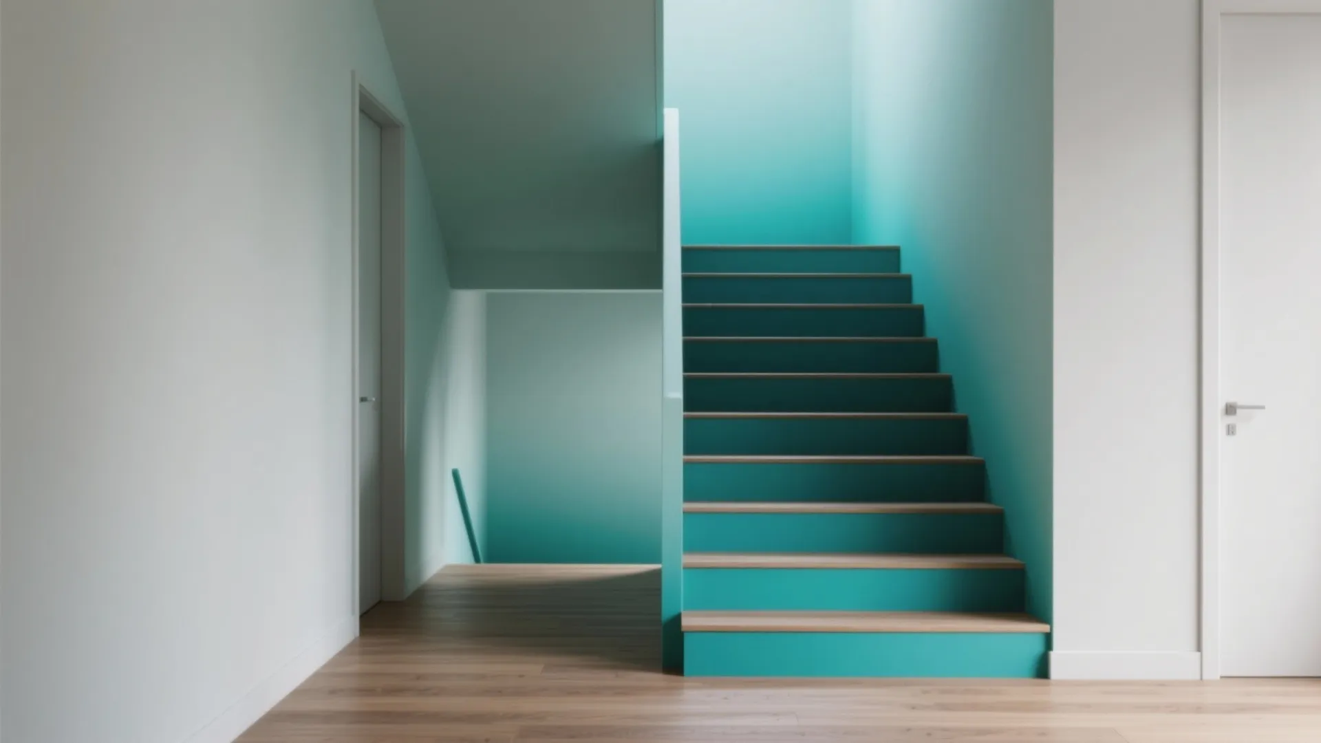 Minimalist staircase with teal blue steps and wood flooring in a bright modern home interior