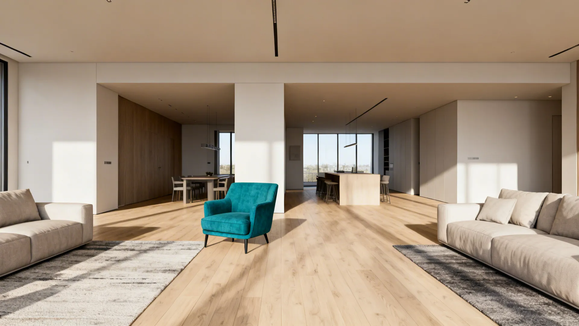 Open-plan living area where a teal chair anchors the seating zone and defines circulation paths.