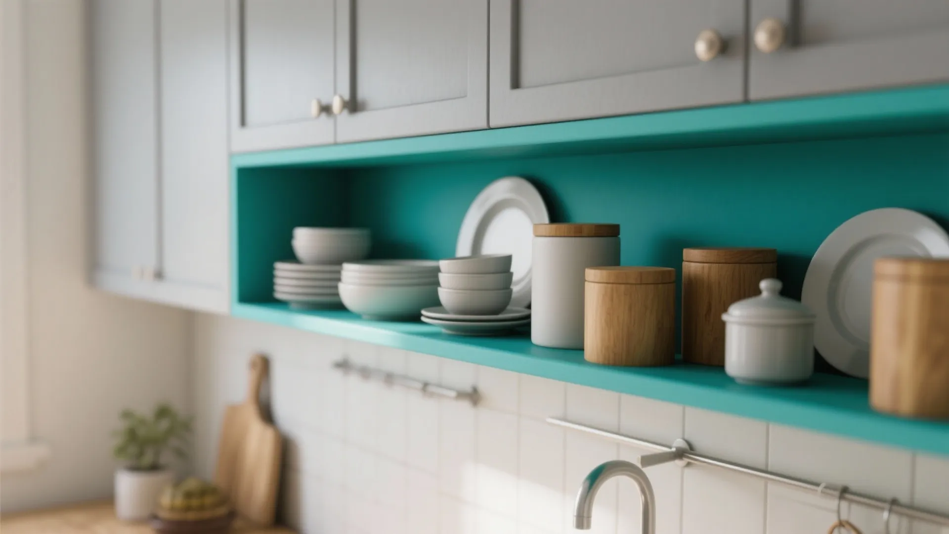 Teal open shelves styled above grey base cabinets with simple containers and warm wood accents.