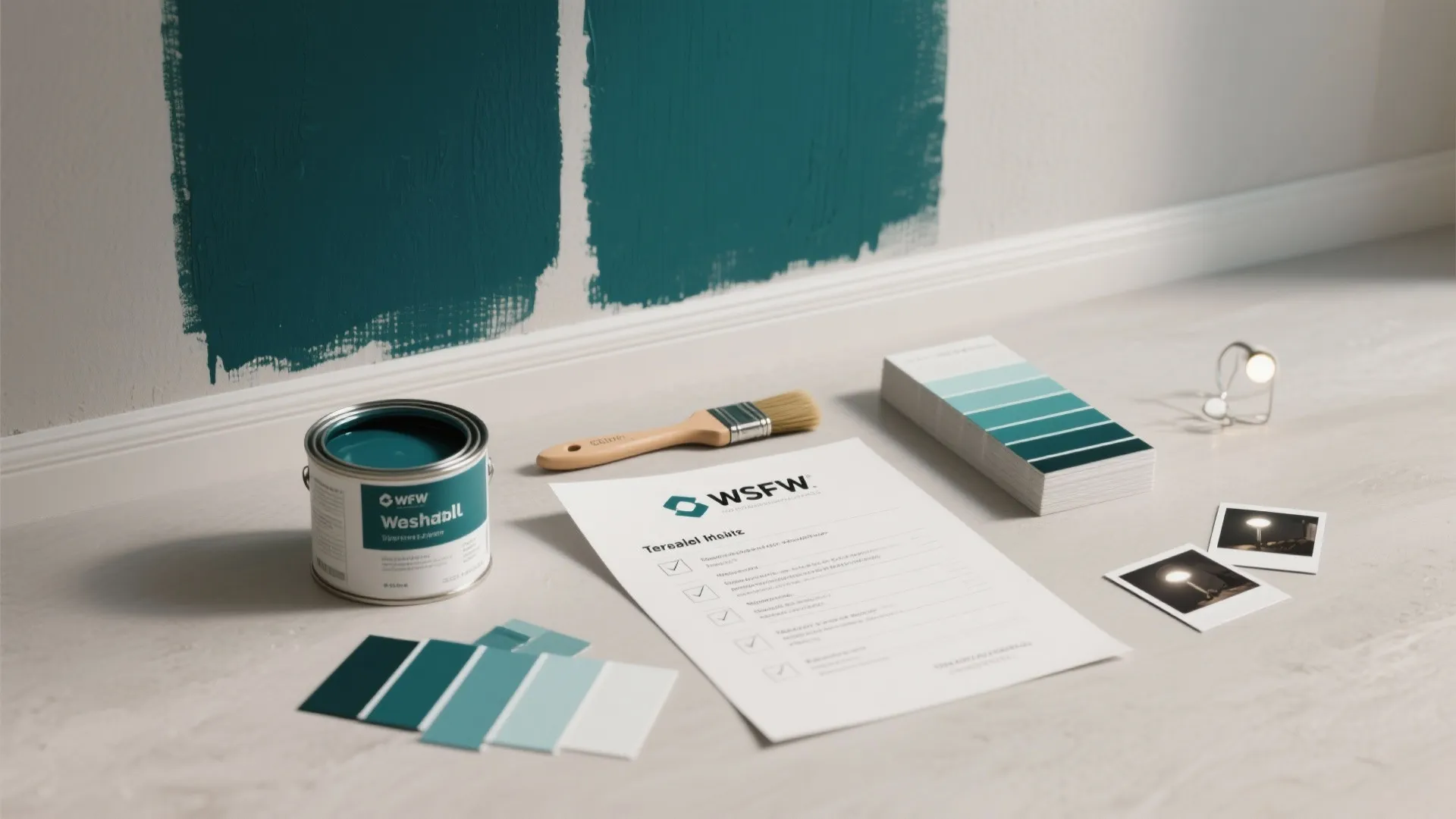 Flatlay of paint swatches, a 2x3 foot sample photo, touch-up paint and testing tools for dark teal.