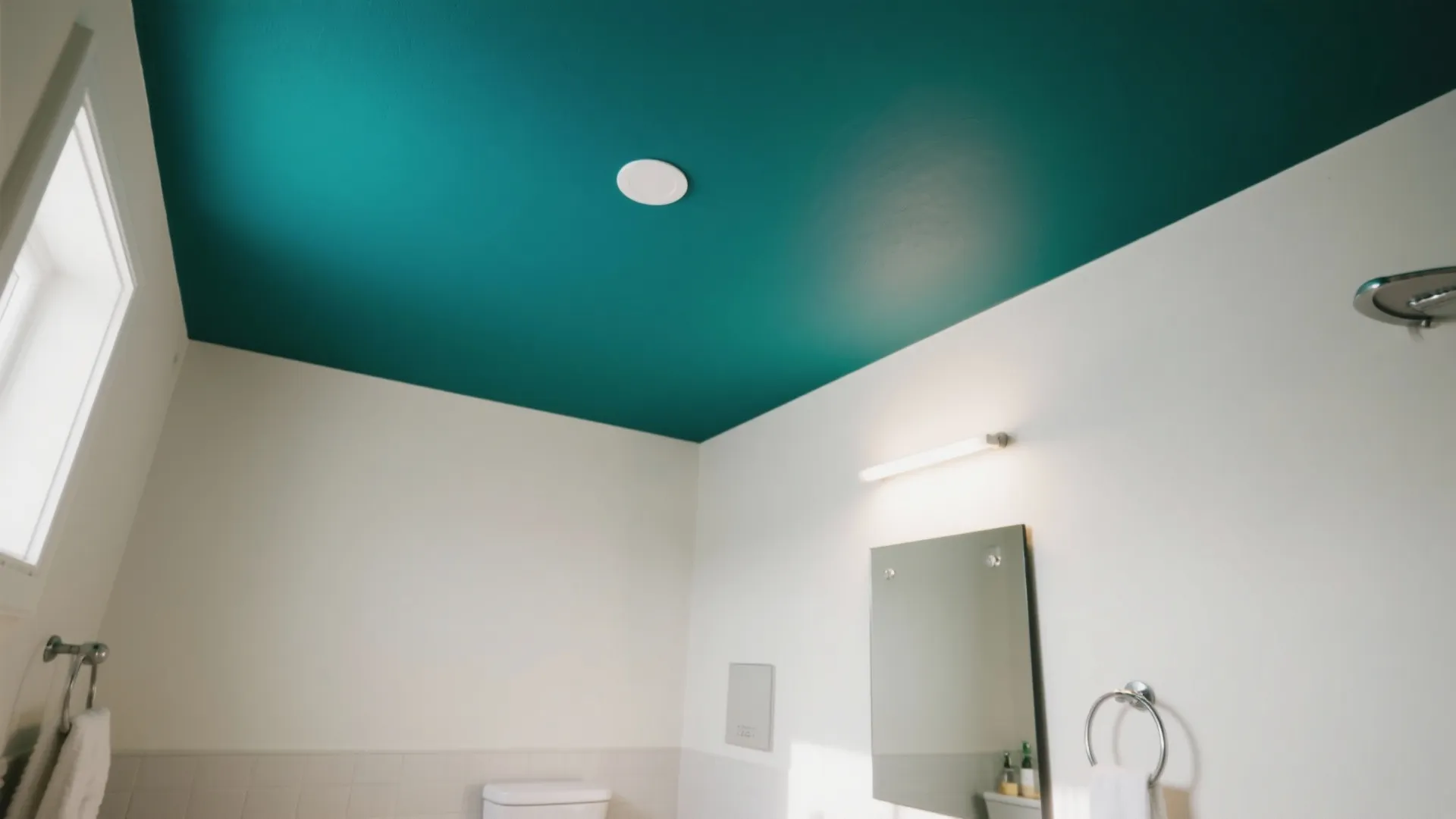 Modern bathroom featuring a dark teal painted ceiling white walls mirror and a wall light