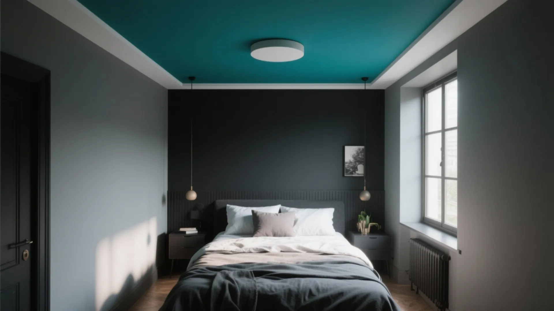 Small bedroom with teal painted ceiling and dark walls