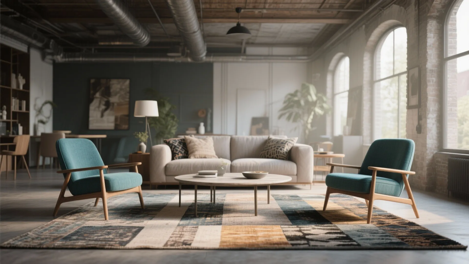 Two teal chairs facing each other in industrial living room with patterned rug and beige sofa
