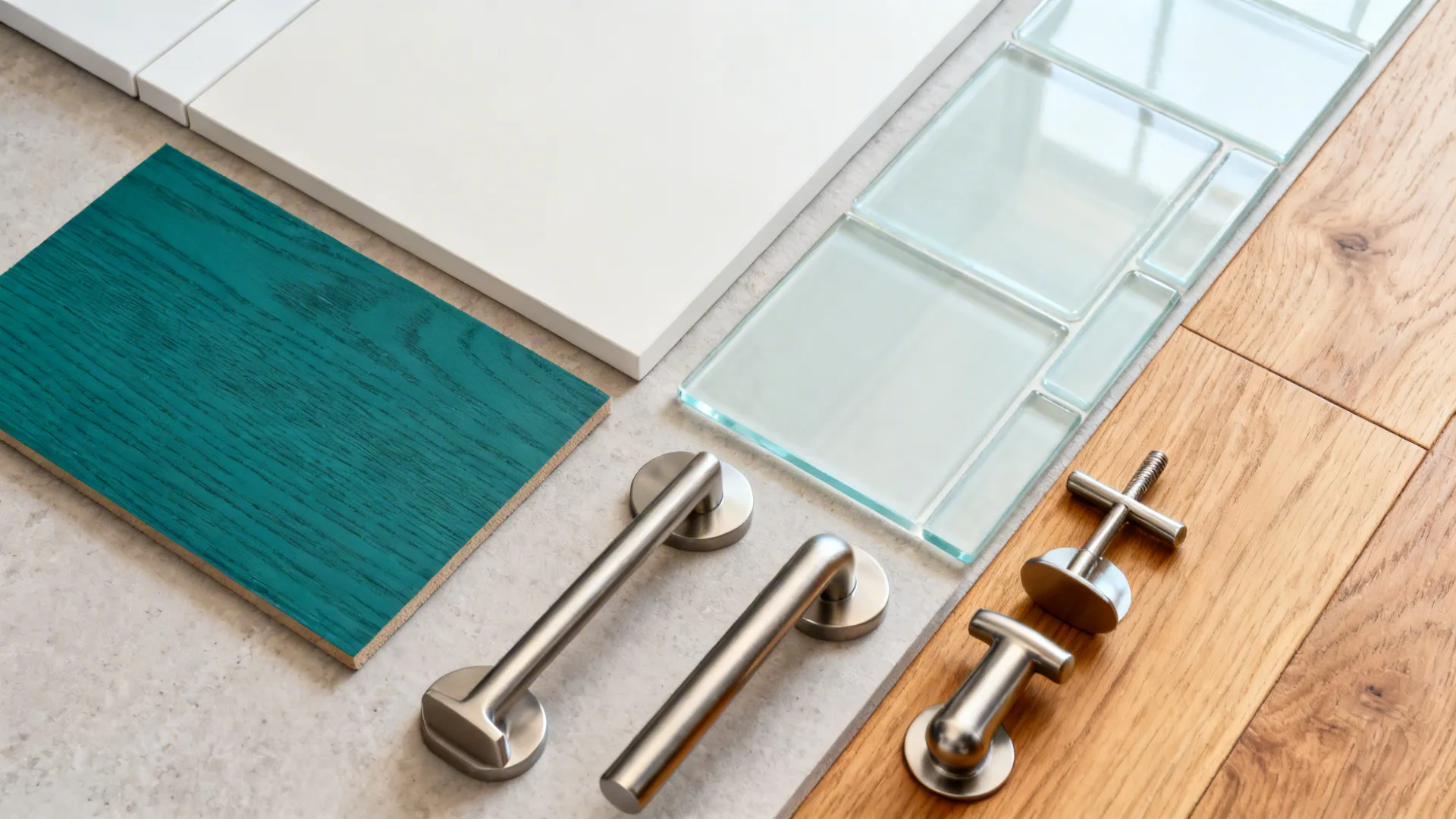 Top-down material board with teal laminate, white laminate, glass backsplash, oak, and hardware.