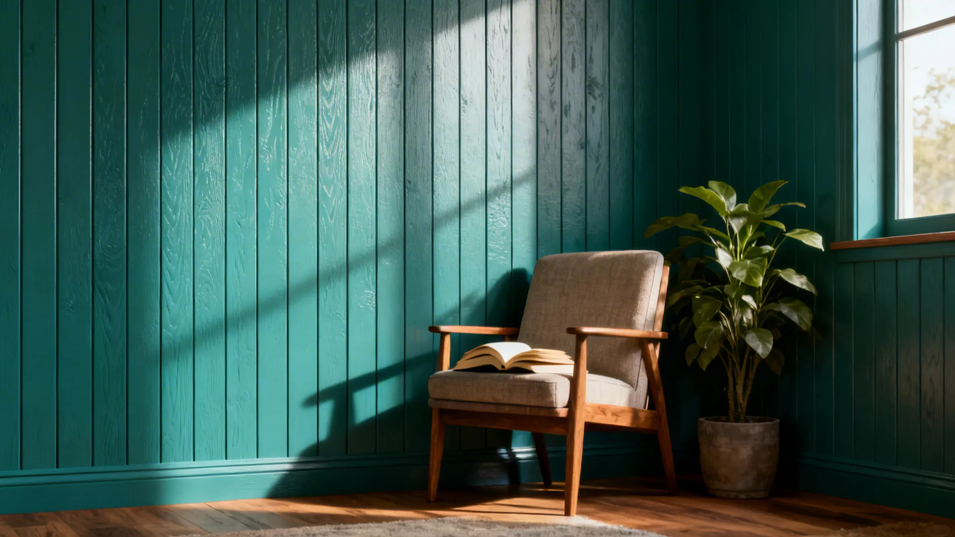 Teal-painted shallow vertical panels with visible texture and soft lighting in a cozy corner.