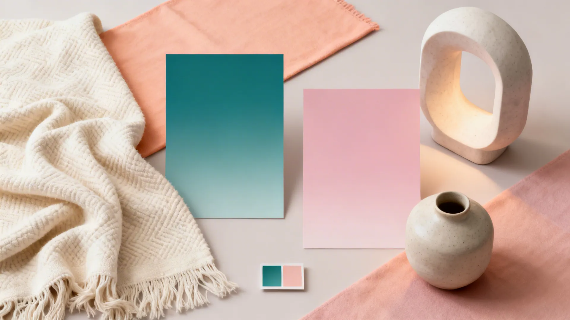 Mood board flatlay pairing teal with blush pink, peach and cream textiles and lighting samples.